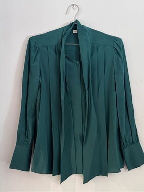 Pleated Teal Tie-Neck Blouse